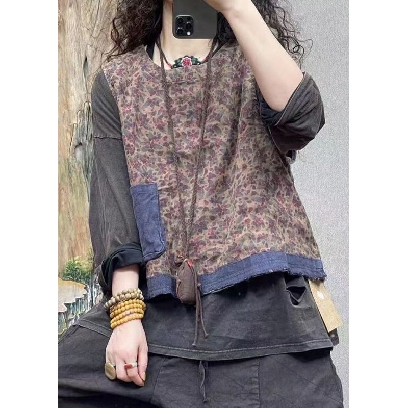 Vintage Blue O-Neck Print Pockets Linen Waistcoat Sleeveless