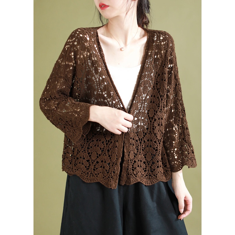 Vintage Chocolate V Neck Hollow Out Knitting Cotton Cardigans Summer