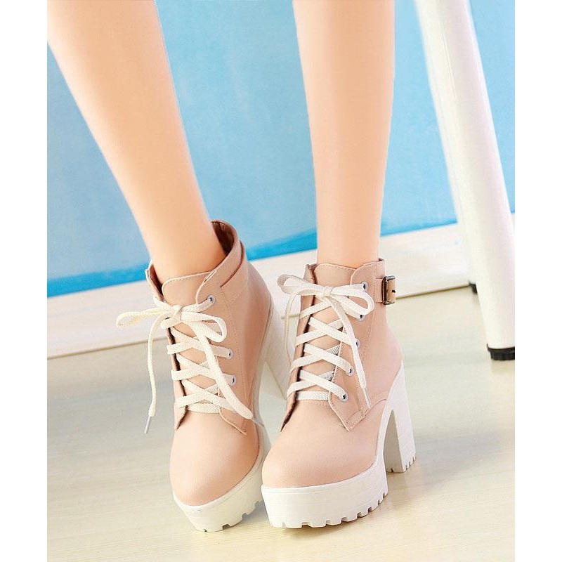 Vintage Cross Strap Chunky Boots Pink Faux Leather