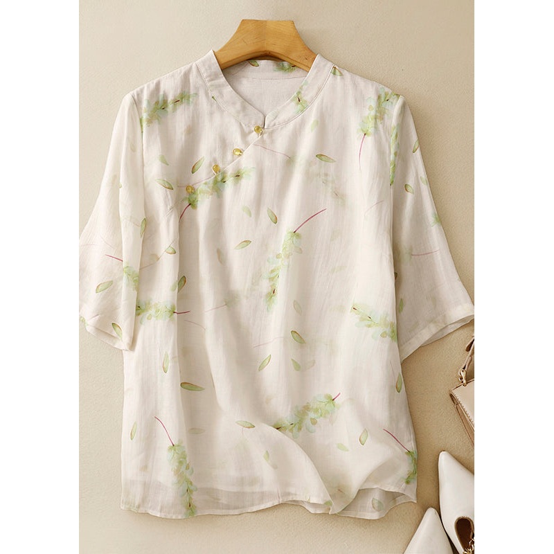 Vintage Green Stand Collar Print Linen Blouse Tops Summer