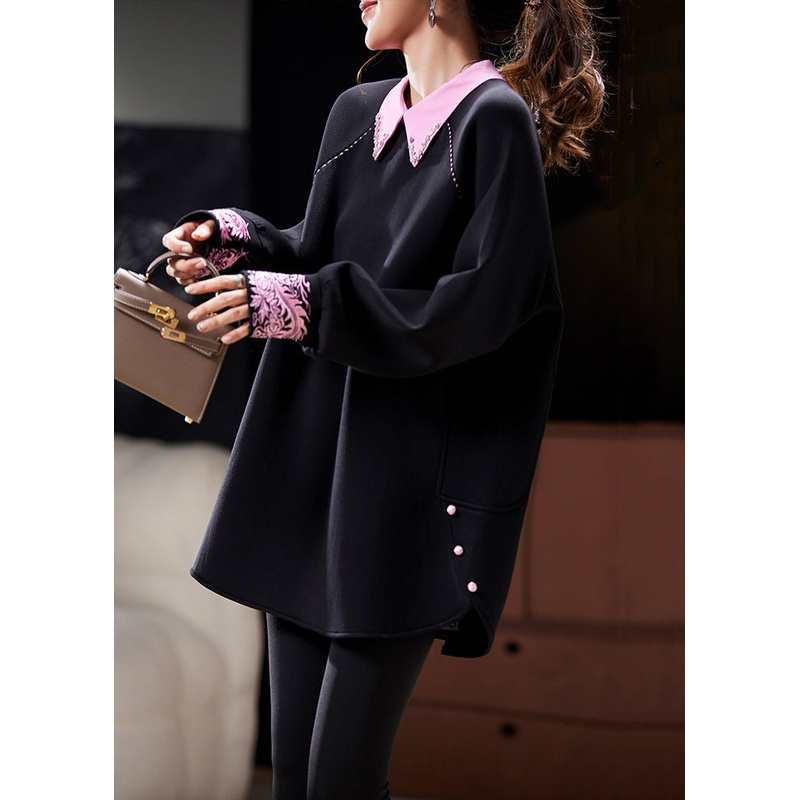 Women Black Zippered Zircon Patchwork Cotton Sweatshirt Spring