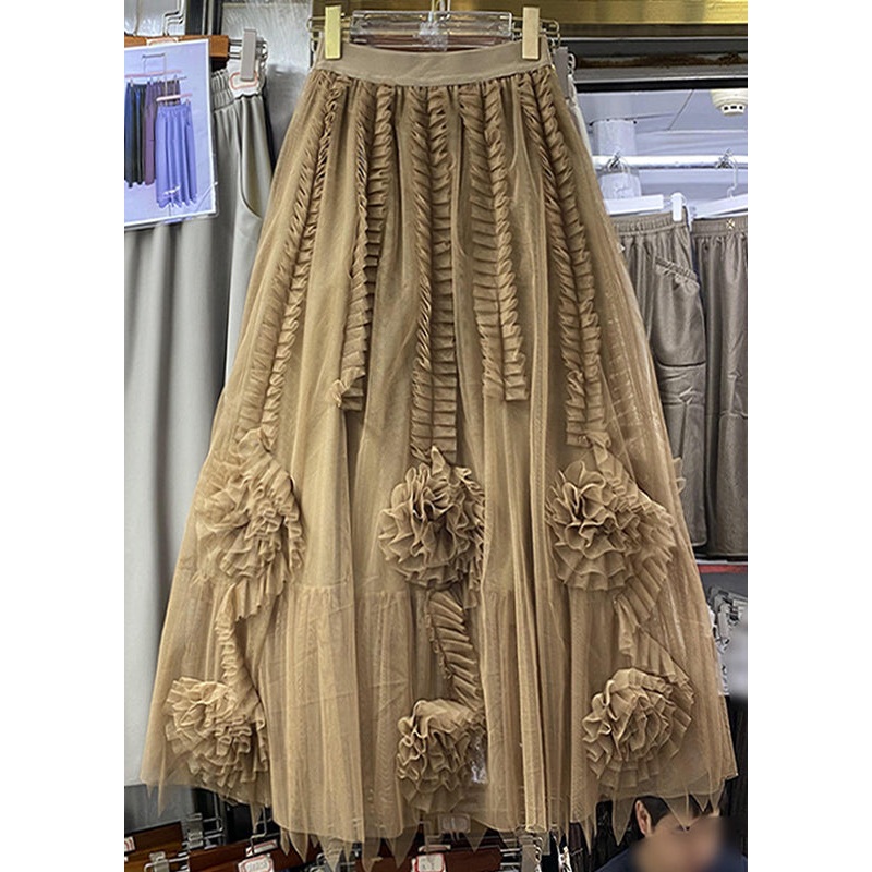 Women Camel Patchwork Floral Tulle A Line Skirt Spring