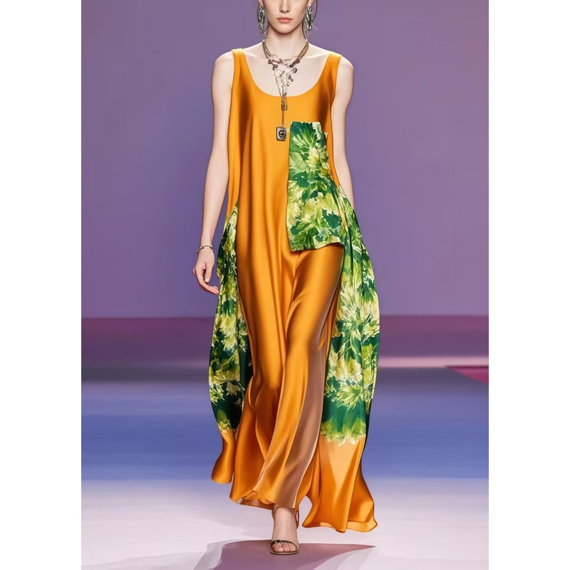 Women Caramel Asymmetrical Patchwork Silk Dress Sleeveless