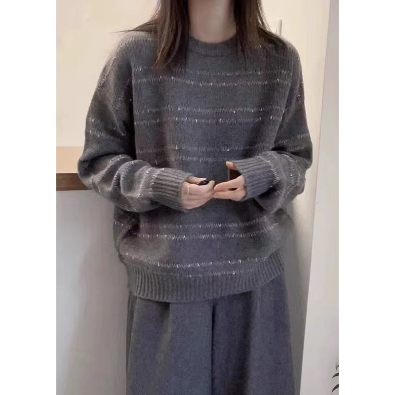 Women Dark Grey O-Neck Striped Wool Knit Sweater Fall