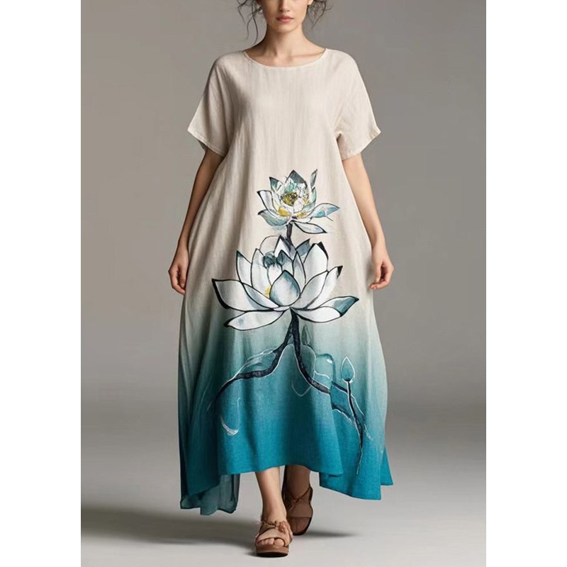 Women Gradient Color Lotus Print Cotton Day Dress Summer
