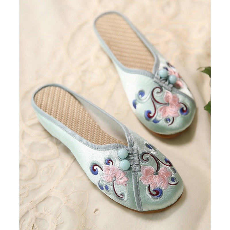 Women Green Embroidered Button Cotton Fabric Slide Sandals