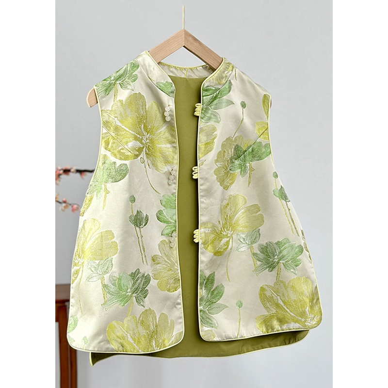 Women Green Stand Collar Print Button Satin Waistcoat Fall