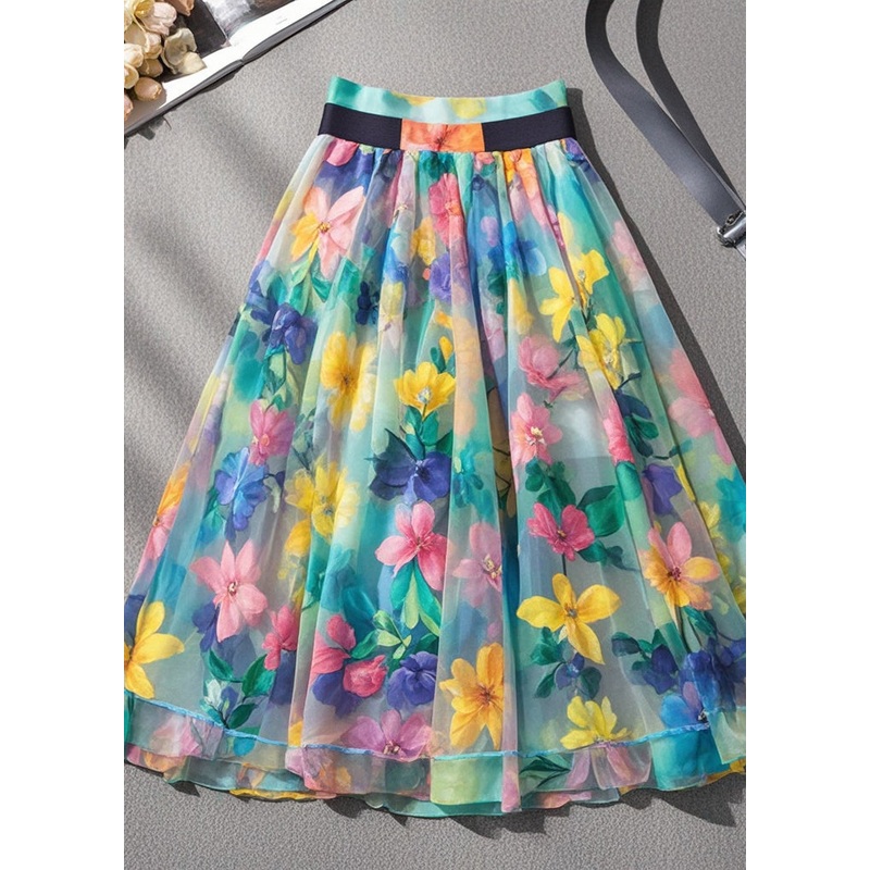 Women Multicolor Floral Print High Waist Tulle Skirts Summer