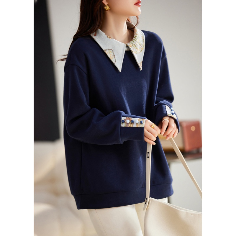 Women Navy Peter Pan Collar Patchwork Warm Fleece Pullover Tops Winter