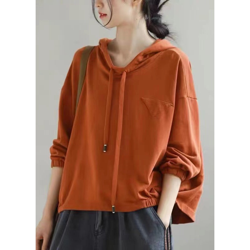 Women Orange Hooded Lace Up Cotton Sweatshirts Long Sleeve
