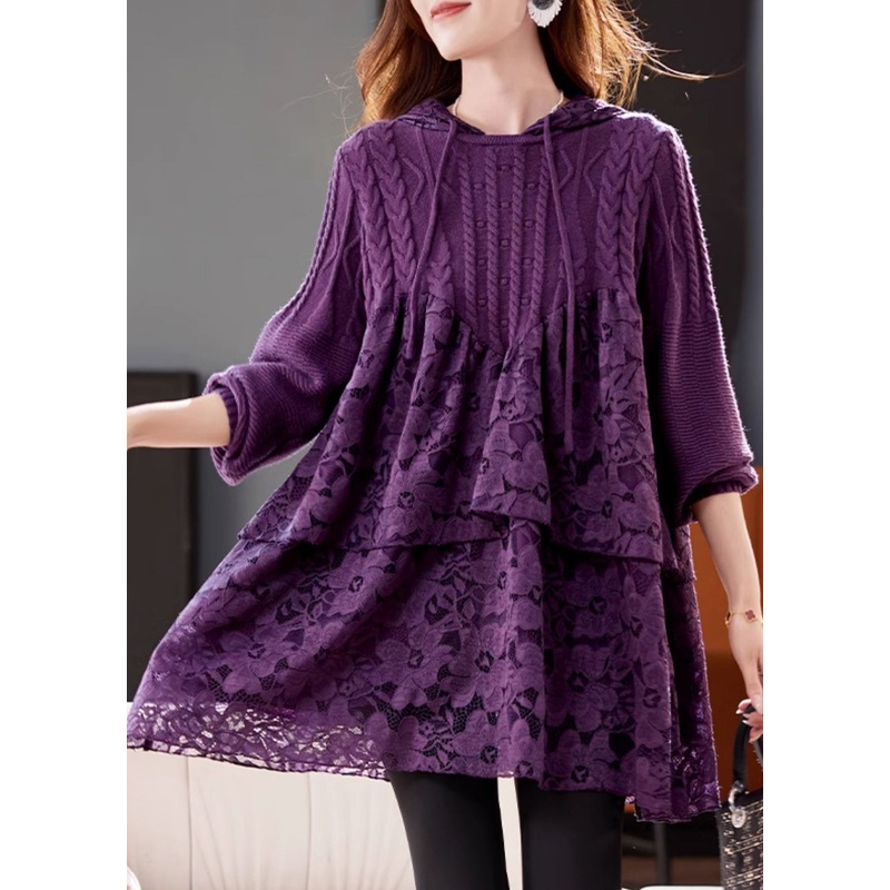 Women Purple Hooded Lace Patchwork Knit Dresses Winter