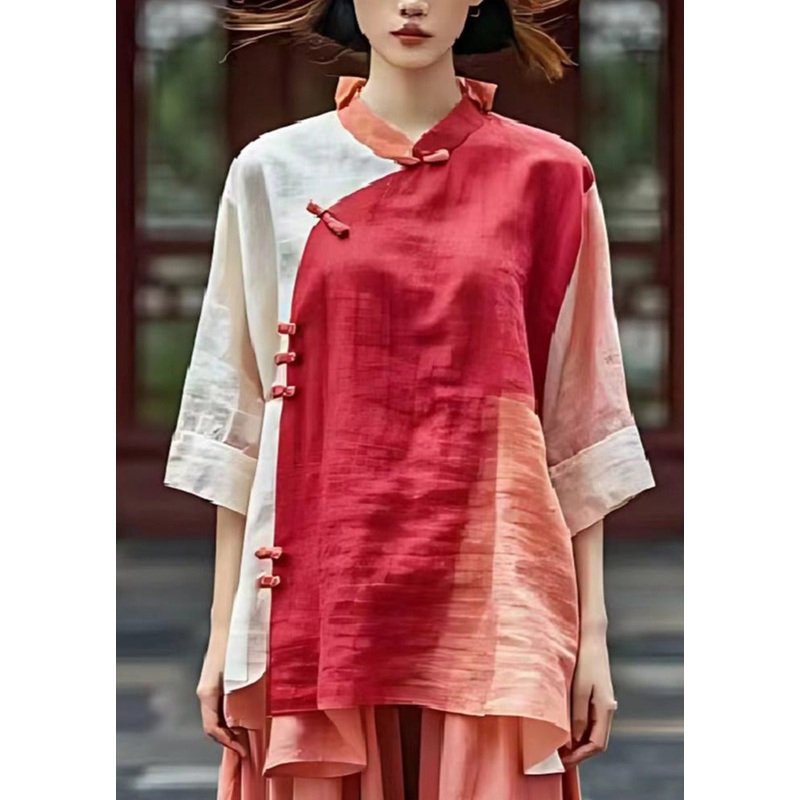 Women Red Mandarin Collar Patchwork Linen Shirts Summer