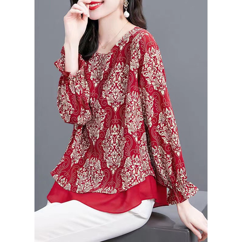 Women Red O Neck Print Patchwork Chiffon Blouses Flare Sleeve