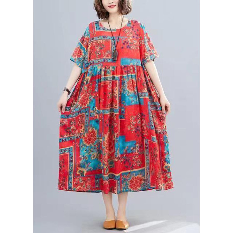 Women Red O-Neck Print Patchwork Long Dresses Short Sleeve