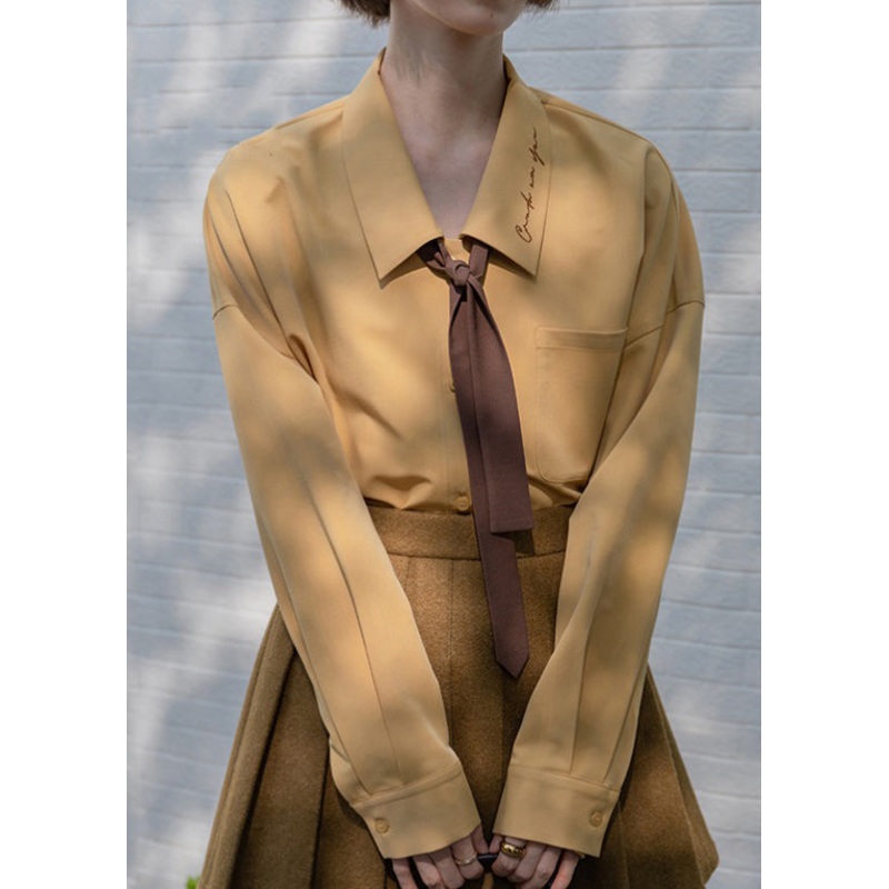 Women Yellow Embroidered Button Patchwork Cotton Shirt Fall