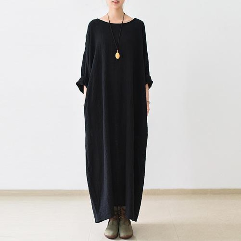 2021 Fall New Black Linen Dresses Plus Size Casual Maxi Dress