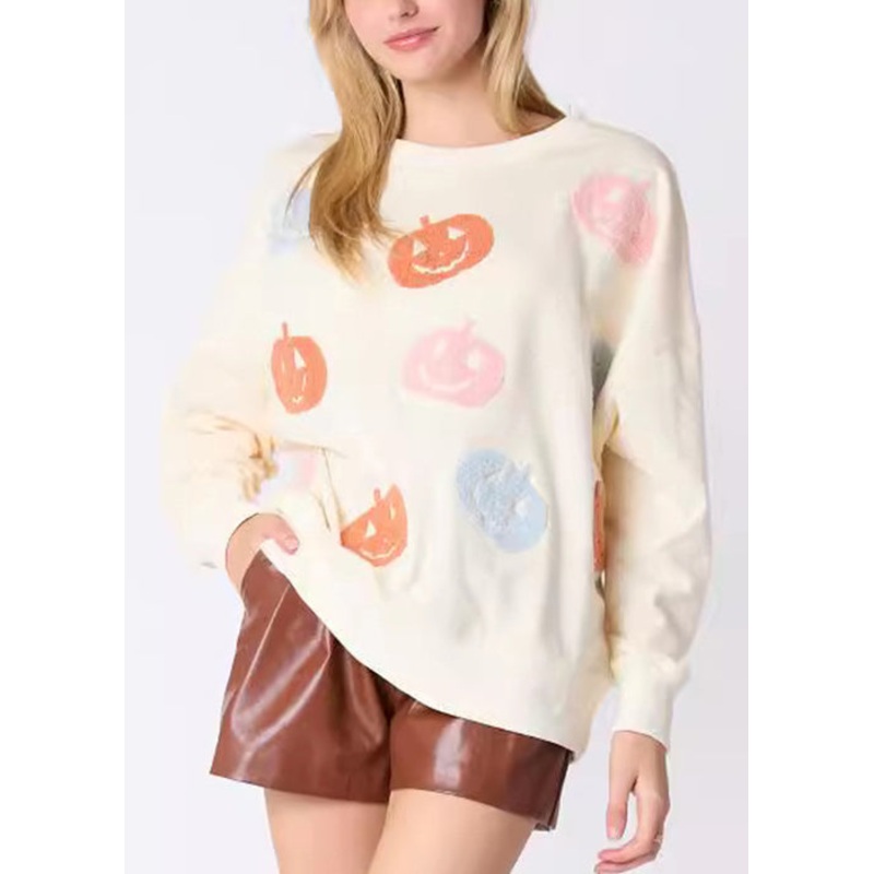 Art Beige O Neck Cartoon Cotton Streetwear Long Sleeve