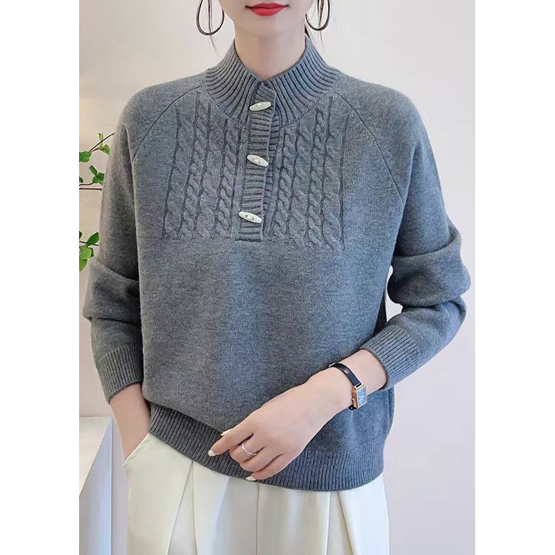 Art Grey Button Solid Thick Knit Sweater Fall