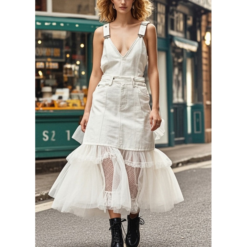 Beautiful White V Neck Patchwork Tulle Denim Dresses Summer