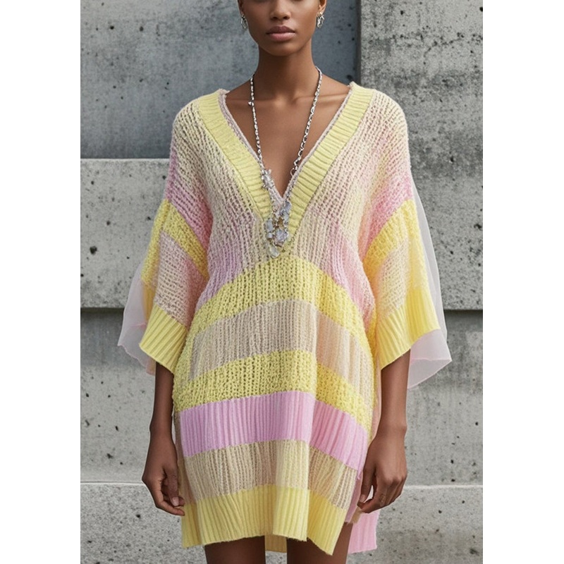 Beautiful Yellow V Neck Patchwork Tulle Sweater Dress Fall
