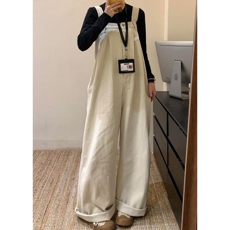 Beige Solid Denim Wide Leg Jumpsuit High Waist Summer