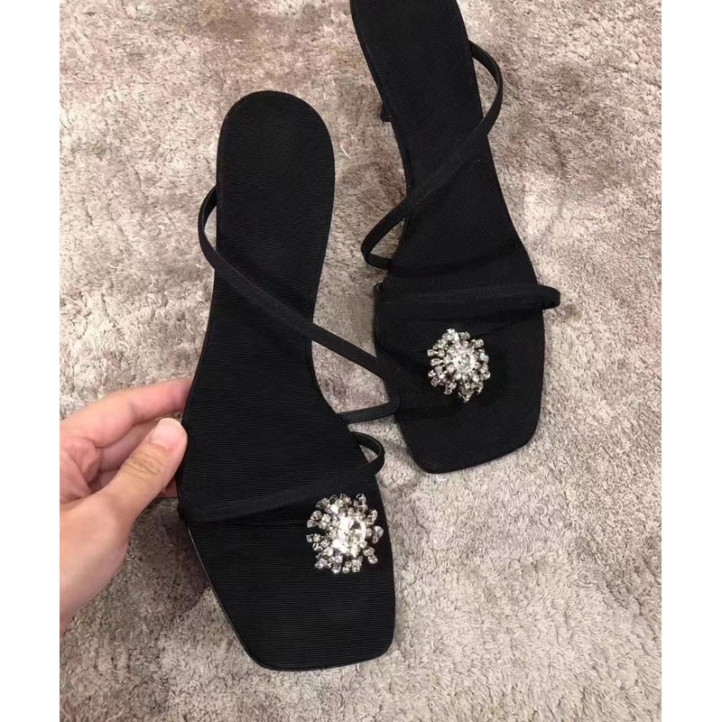 Black High Heel Slippers Faux Leather Stylish Splicing Zircon