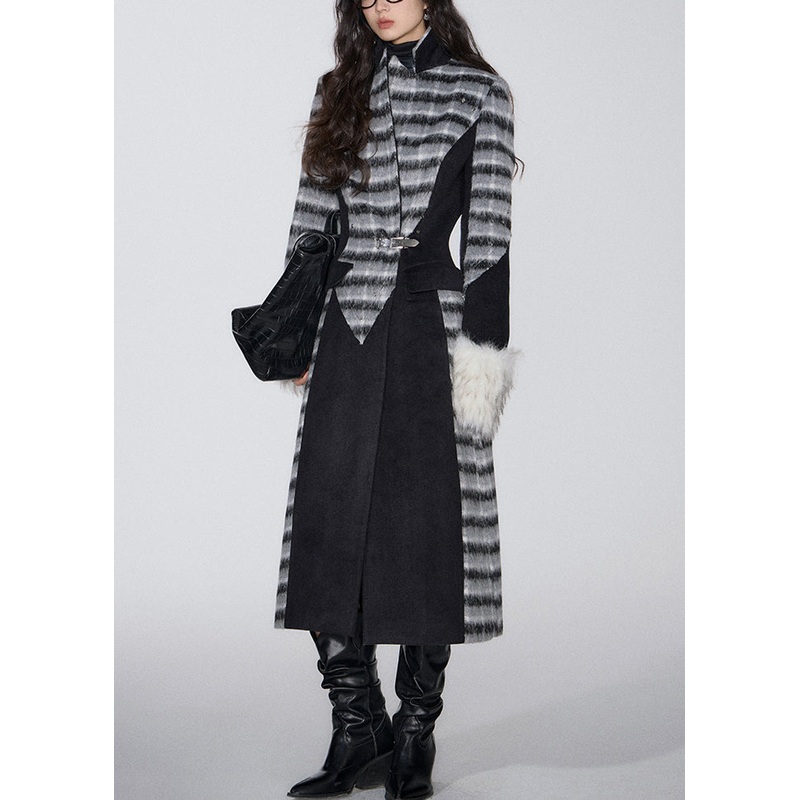 Black Plaid Patchwork Woolen Peter Pan Collar Winter