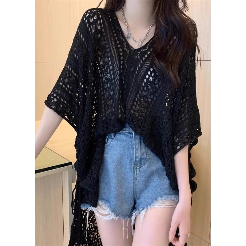 Black Side Open Cinched Knit Top Hollow Out Summer