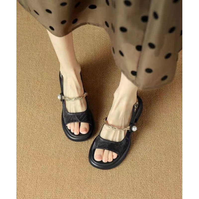 Black Unique Splicing Chunky Sandals Peep Toe Buckle Strap