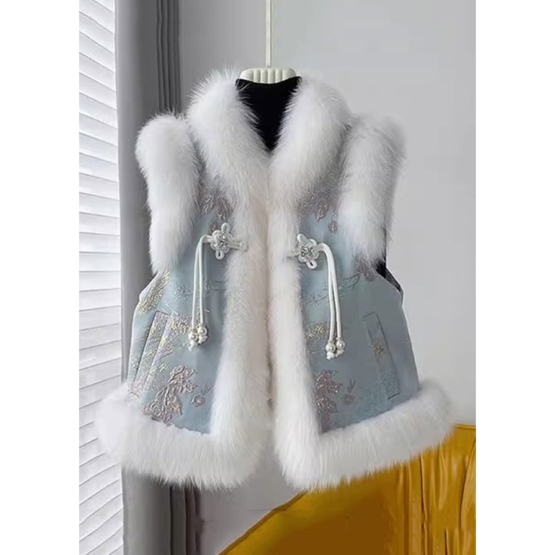 Blue Chinese Button Patchwork Cotton Filled Waistcoat Fur Collar Winter