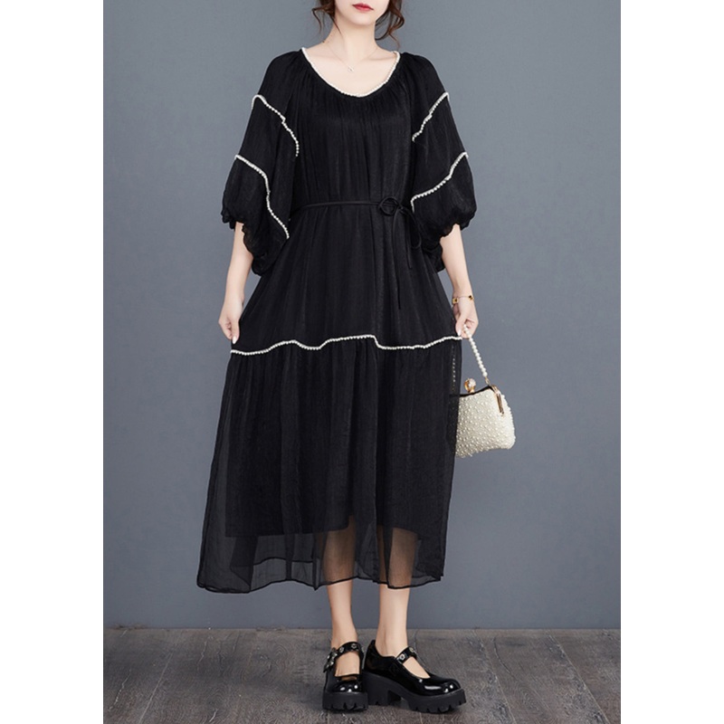 Bohemian Black Nail Bead Long Dresses Half Sleeve