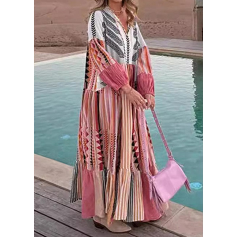 Bohemian Colorblock Lace Up Print Cotton Maxi Dress Long Sleeve