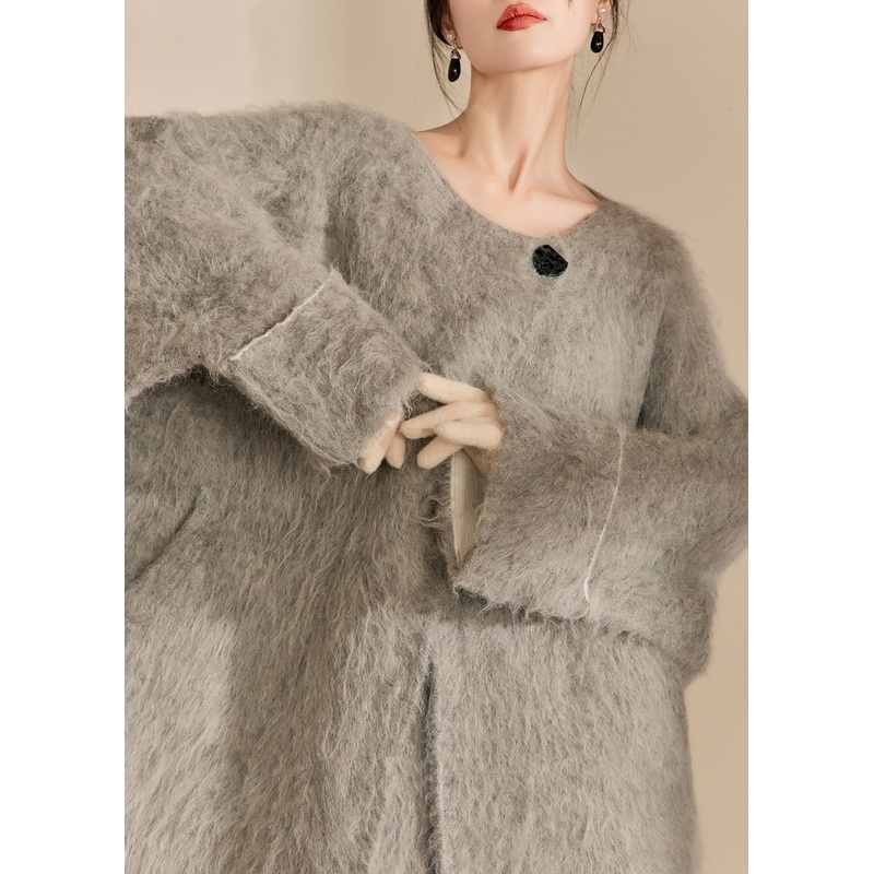 Bohemian Grey O-Neck Woolen Coats And Shorts Two Pieces Set Fall