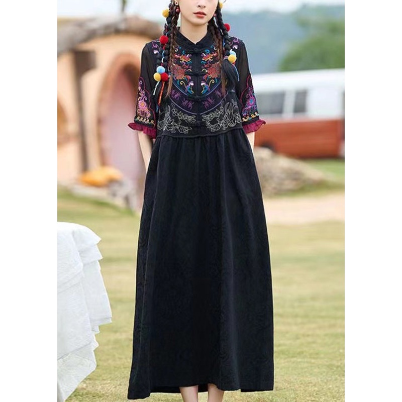 Boho Black Stand Collar Embroidered Cotton Two Pieces Set Summer