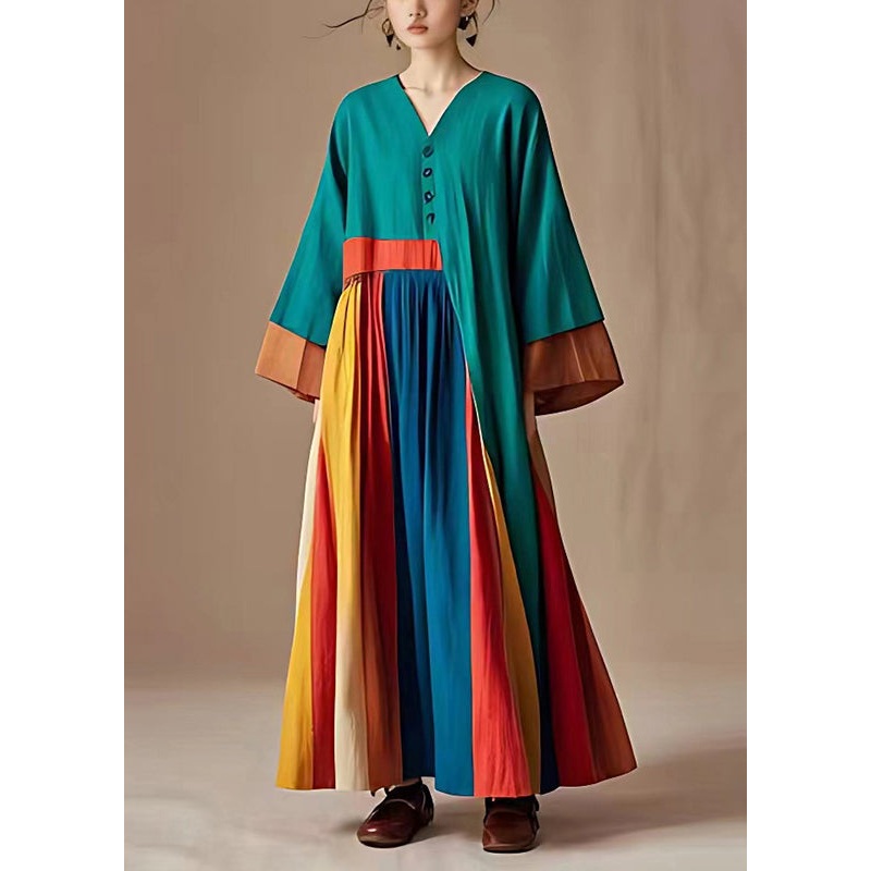 Boho Green Asymmetrical Patchwork Cotton Maxi Dress Summer