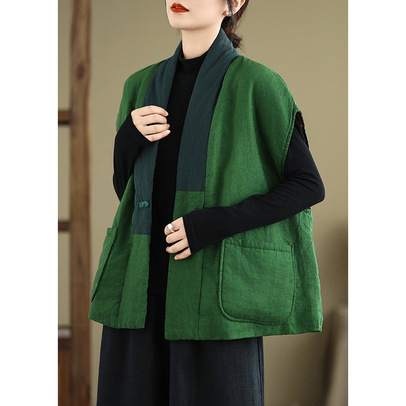 Boho Green V Neck Pockets Patchwork Fine Cotton Filled Vest Winter