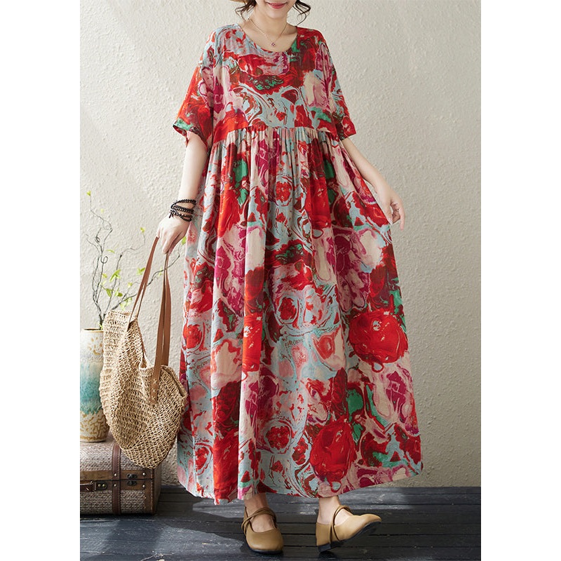Boho Red O Neck Print Wrinkled Cotton Vacation Dresses Summer