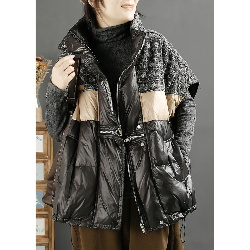 Boutique Black Zip Up Pockets Patchwork Duck Down Vest Sleeveless