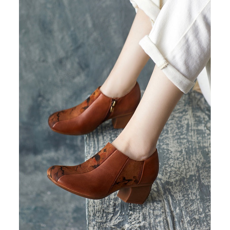 Boutique Brown Chunky Cowhide Leather Embossed High Heels