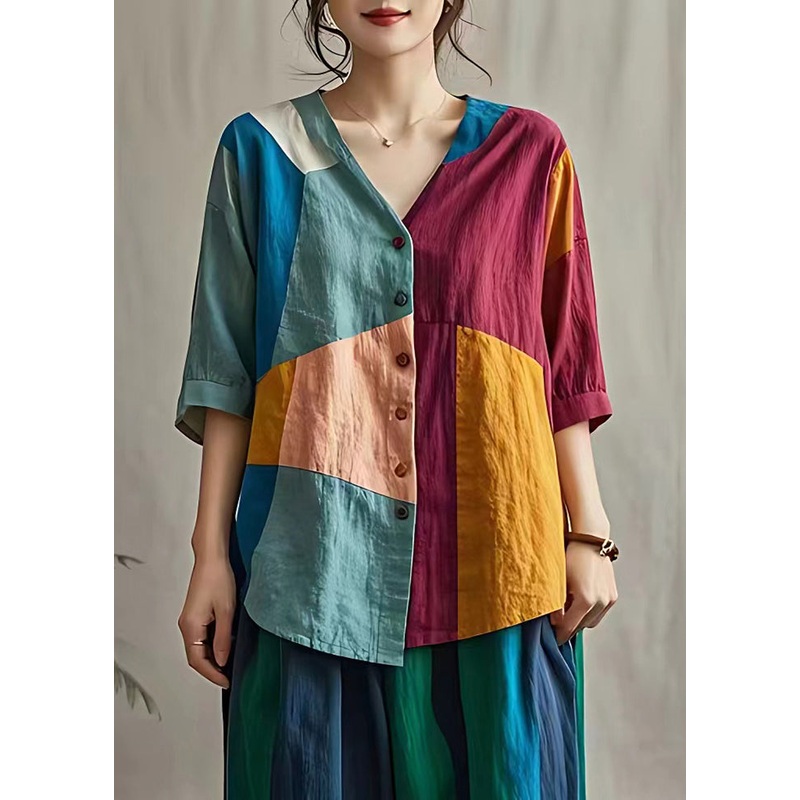 Boutique Colorblock Asymmetrical Patchwork Linen Shirt Tops Summer