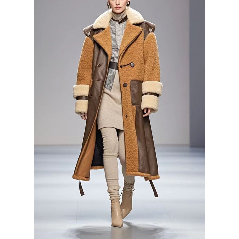Brown Patchwork Fleece Woolen Coats Oversized Winter