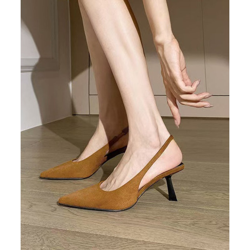 Brown Sandals High Heel Suede Stylish Splicing Pointed Toe
