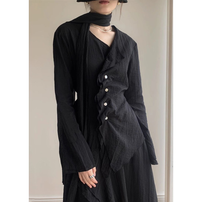 Casual Black V Neck Shirt And A Line Skirts Two Piece Set Spring