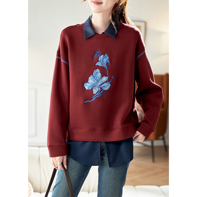 Casual Red O-Neck Embroidered Cotton Sweatshirt Streetwear Spring