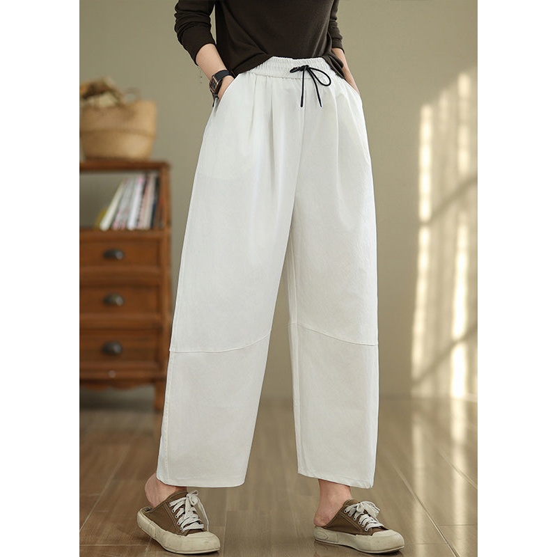 Casual White Pockets Drawstring Cotton Pants Fall