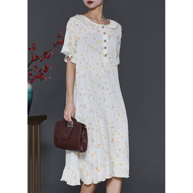 Chic Apricot O-Neck Print Cotton Robe Dresses Summer