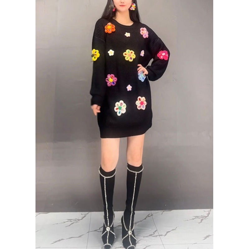 Chic Black O Neck Floral Patchwork Knit Dress Fall