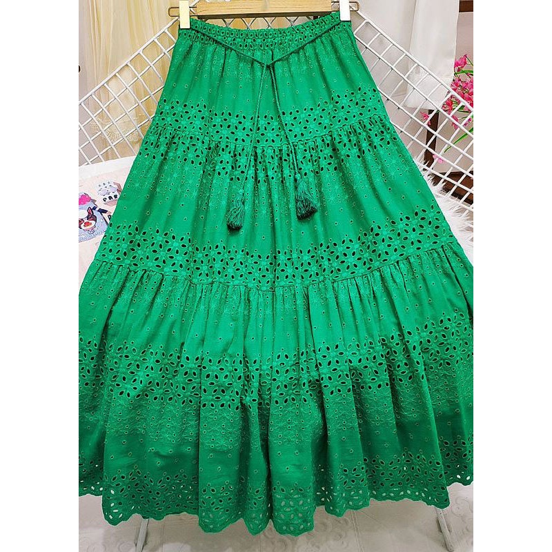 Chic Green Embroidered Tasseled Hollow Out Cotton Skirt Summer