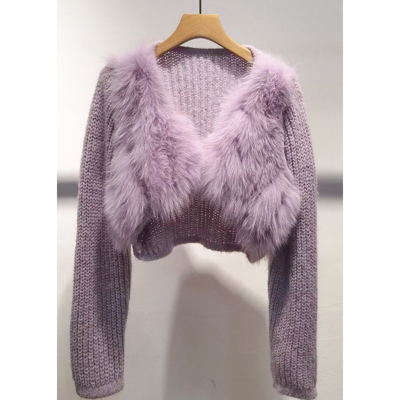 Chic Purple V Neck Patchwork Cotton Knit Sweater Winter