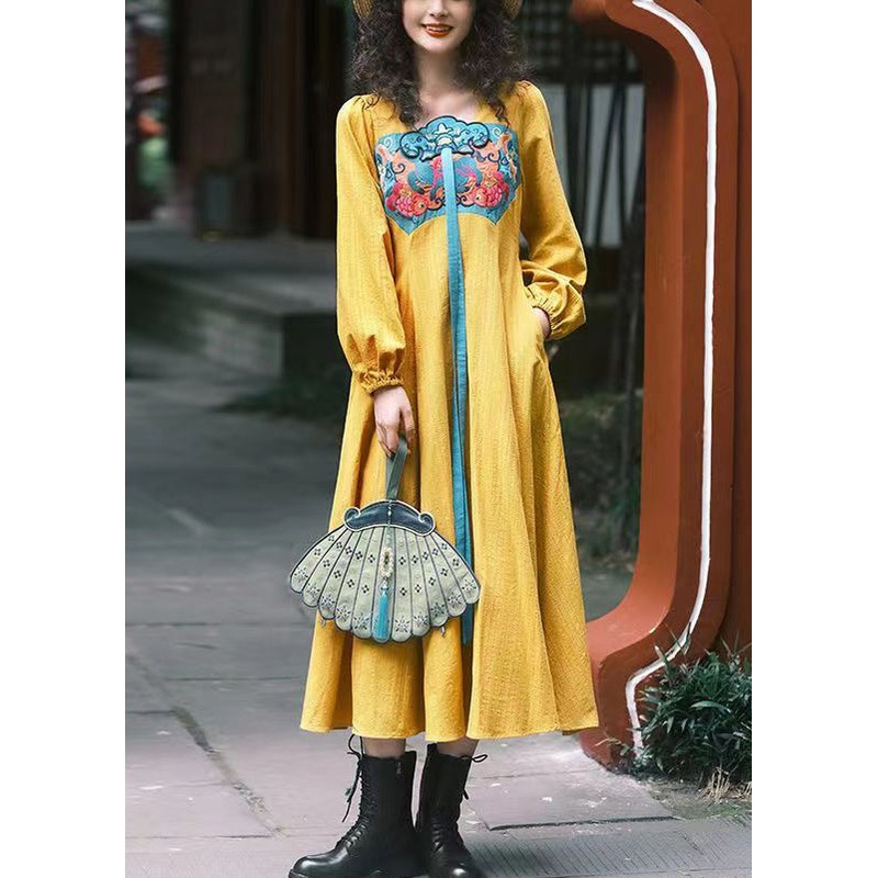 Chinese Style Yellow Square Collar Embroideried Cotton Dresses Spring